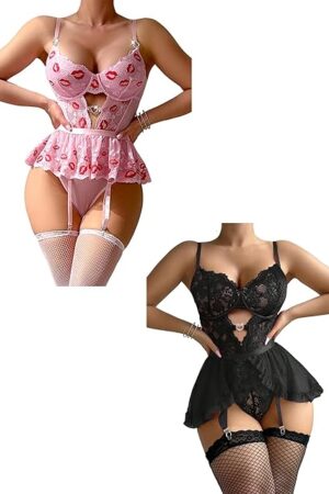 Lace Lingerie Set with Garter Belts Red Lingerie For Women Sexy Skirts Stockings For Women Lingerie