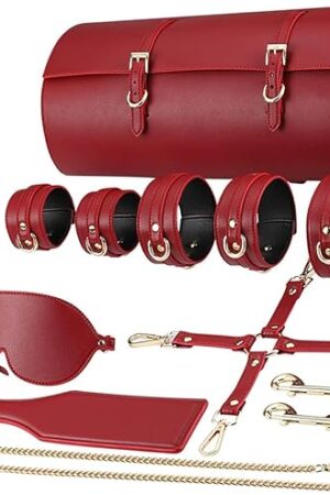 Bondage Restraints with Leather Storage Bag Sex Toy Set BDSM Adult Starter Kit Gear Accessories SM Ball Gag Adjustable Handcuffs Ankle Cuffs Collar Blindfold Paddle for Couples Kinky Men Women 9 Pcs