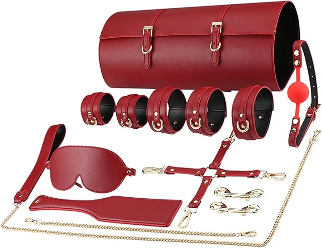 Bondage Restraints with Leather Storage Bag Sex Toy Set BDSM Adult Starter Kit Gear Accessories SM Ball Gag Adjustable Handcuffs Ankle Cuffs Collar Blindfold Paddle for Couples Kinky Men Women 9 Pcs