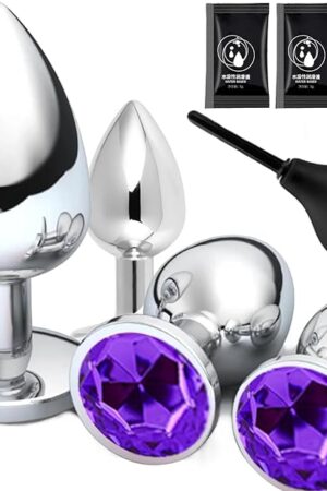5PCS Anal Plug Training Set-Four Crystal Jewel Anal Plugs Wide Base Prevents Slippage-Metal Anal Sex Adult Toy, 1Enema,Sex Toy Anal Training Kit for Beginner Adult Unisex Women and Men Couple(Silver)