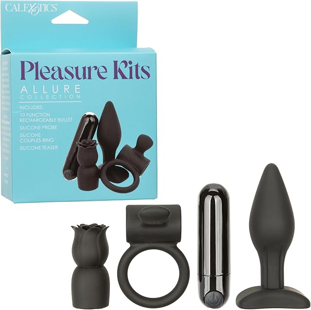 CalExotics Pleasure Kits Allure Collection, 10-Function Waterproof Rechargeable Bullet Vibrator, Silicone Teaser, Cock Ring and Anal Plug Included Black SE-1986-10-3