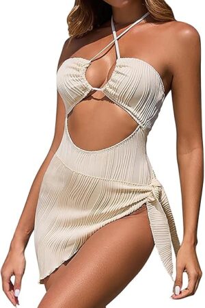 Women's Two Piece Swimsuit Textured Tankinis Sarong Hanging Neck Sexy Swimsuits Backless High Elastic Swimwear