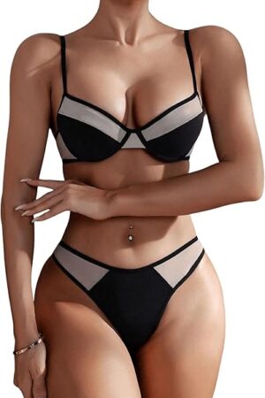 Women's 2 Piece Lingerie Set Color Block Mesh Underwire Bra and Panty Sets