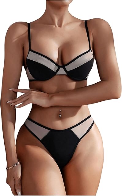 Women's 2 Piece Lingerie Set Color Block Mesh Underwire Bra and Panty Sets