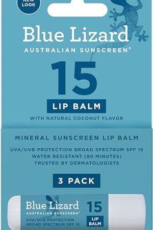 3-Pack Blue Lizard Mineral SPF 15 Lip Balm: Broad Spectrum Sun Protection, Natural Coconut Flavor, 8 Natural Oils, Infused with Australian Kakadu Plum, Rich in Vitamin C, Vegan, Each Tube 013 oz