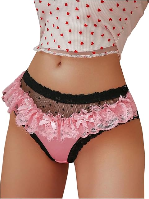 Women Sexy Ruffle Lace Satin Panties Colorblock Mesh Polka Dots Sheer Briefs Underwear