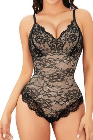 Lace Bodysuit for Women Tummy Control Backless Top V-Neck Shapewear Bodysuit