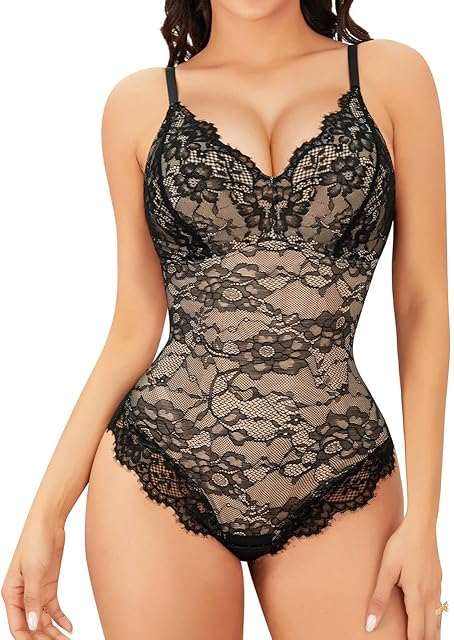 Lace Bodysuit for Women Tummy Control Backless Top V-Neck Shapewear Bodysuit