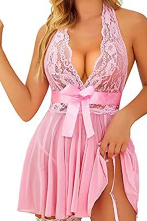 Lace Halter Babydoll Lingerie for Women Sexy Naughty Mesh Chemise Nightgown Sheer Pajama Dress