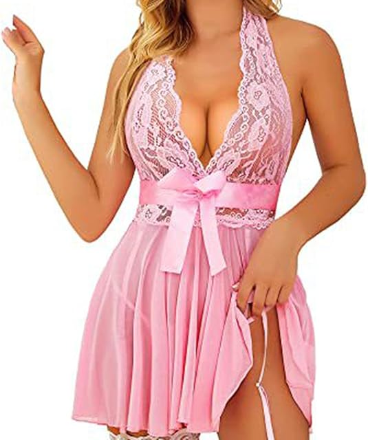 Lace Halter Babydoll Lingerie for Women Sexy Naughty Mesh Chemise Nightgown Sheer Pajama Dress