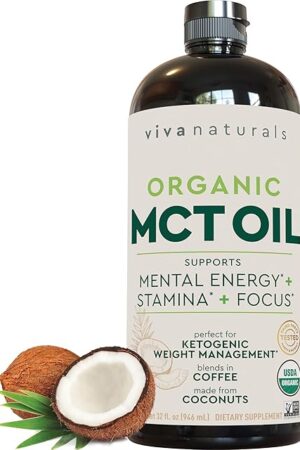 Viva Naturals Organic MCT Oil 32 fl oz - Best MCT Oil Organic for Coffee, MCT Coconut Oil Supports Energy & Mental Clarity, USDA Organic, Non-GMO, Paleo & Keto Certified, MCT Wellness