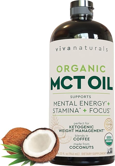 Viva Naturals Organic MCT Oil 32 fl oz - Best MCT Oil Organic for Coffee, MCT Coconut Oil Supports Energy & Mental Clarity, USDA Organic, Non-GMO, Paleo & Keto Certified, MCT Wellness