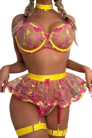 Women Sexy Lace Mesh Lingerie Set Floral Heart Embroidery Underwire Garter with Choker and Leg Rings for