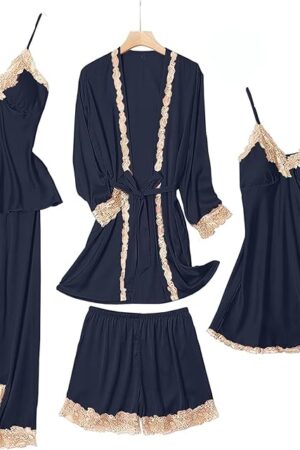 Womens Pajama Sets 5PCS Silk Pajamas for women Cute Sleepwear Loungewear Satin Pajamas Sets for Women Soft