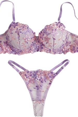 Women's 2 Piece Floral Mesh Sheer Lingerie Set Backless Push Up Bra with Thong