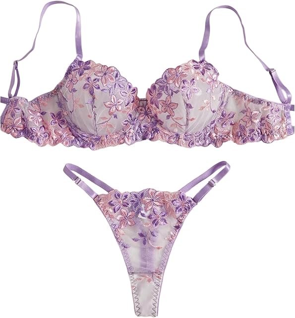 Women's 2 Piece Floral Mesh Sheer Lingerie Set Backless Push Up Bra with Thong
