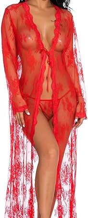 Women Long Lace Lingerie Kimono Robe Sexy Sheer Babydoll Nightgown with Thong Pajama Dress Nightdress, Red XL