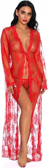 Women Long Lace Lingerie Kimono Robe Sexy Sheer Babydoll Nightgown with Thong Pajama Dress Nightdress, Red XL