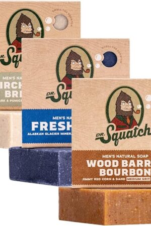 Dr Squatch Natural Bar Soap for Men - Cold Process Soap with No Harsh Chemicals - Wood Barrel Bourbon, Fresh Falls & Birchwood Breeze (5 oz, 3-Pack)