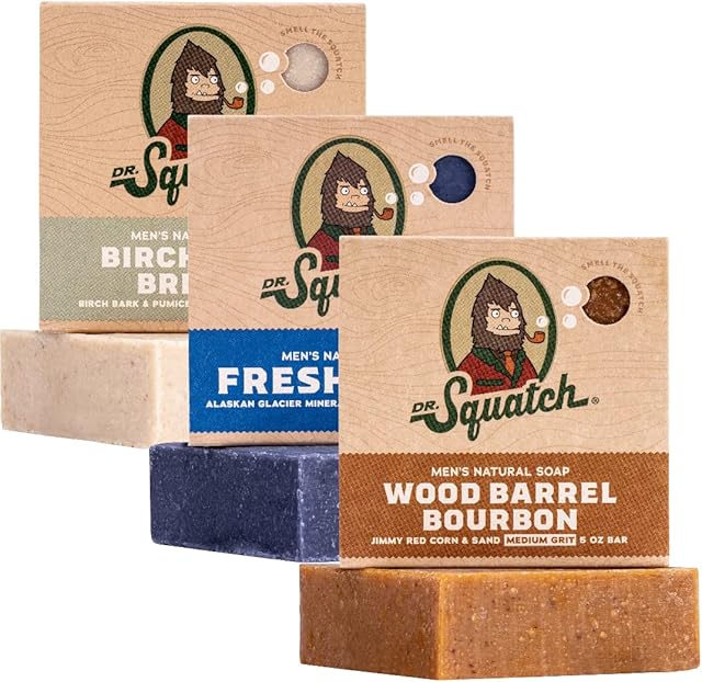 Dr Squatch Natural Bar Soap for Men - Cold Process Soap with No Harsh Chemicals - Wood Barrel Bourbon, Fresh Falls & Birchwood Breeze (5 oz, 3-Pack)