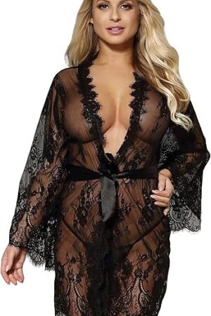 Women Kimono Sheer Mesh Robe Sexy Eyelash Lace Long Sleeve Short Nightgown Cover Up With Thong Tulle Robe Set