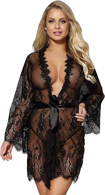 Women Kimono Sheer Mesh Robe Sexy Eyelash Lace Long Sleeve Short Nightgown Cover Up With Thong Tulle Robe Set