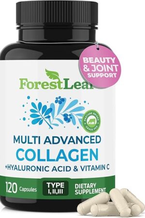 ForestLeaf Multi Collagen Pills with Hyaluronic Acid + Vitamin C | Hydrolyzed Collagen Supplements for Women or Men | Multi Collagen Capsules Peptides for Skin, Wrinkles, 120 Caps