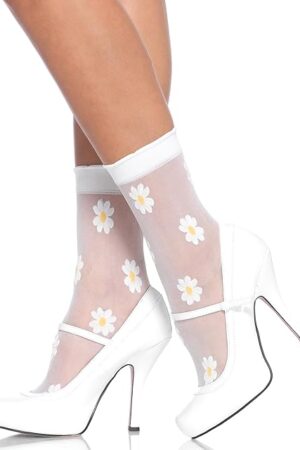 Women's Sheer Spandex Woven Daisy Anklet Socks, White/Yellow, One Size