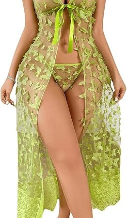 Women's 2 Piece Lingerie Set Butterfly Robes Mesh Sheer Chemise Nightdress and Thong Sets