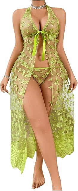Women's 2 Piece Lingerie Set Butterfly Robes Mesh Sheer Chemise Nightdress and Thong Sets