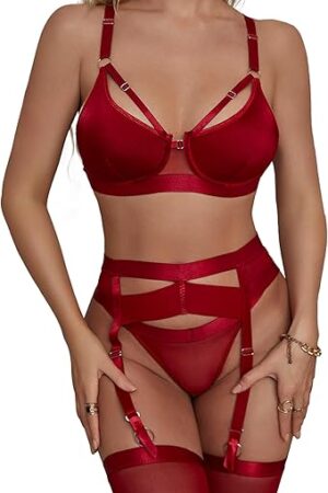 Womens Sexy Eyelash Fishnet Lingerie Set Babydoll Underwire Bra and Panty Sets with Garter Belt 4 Pieces