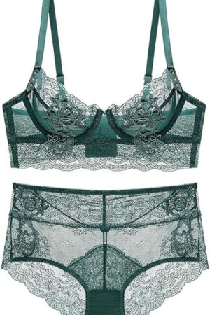 Women's Floral Soft Lace Lingerie Set See Through High Waisted Underwear Underwire Sheer Bra and Panty Set