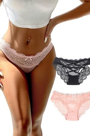 Women Plus Size Cheeky Panties Eyelash Lace Thong Sexy V-Back Criss Cross Underwear 1-2Pack