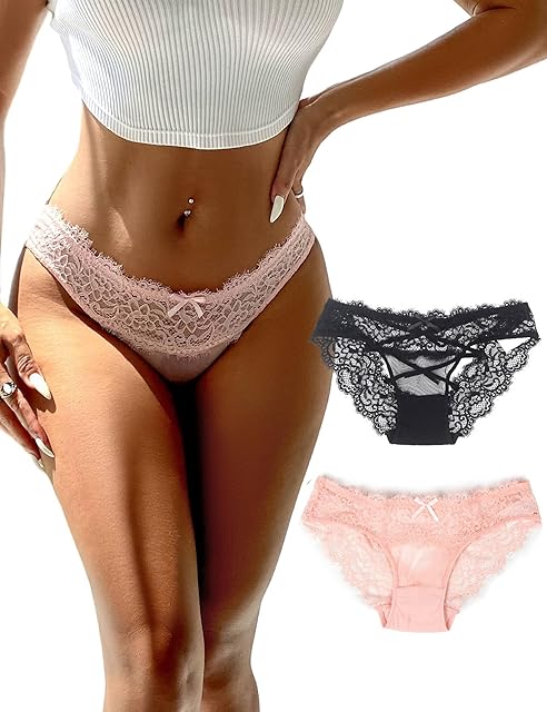 Women Plus Size Cheeky Panties Eyelash Lace Thong Sexy V-Back Criss Cross Underwear 1-2Pack