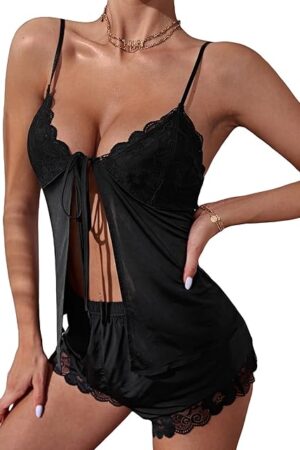 Women's Lace Trim Tie Front Scallop Cami Top and Shorts 2 Piece Pajama Set