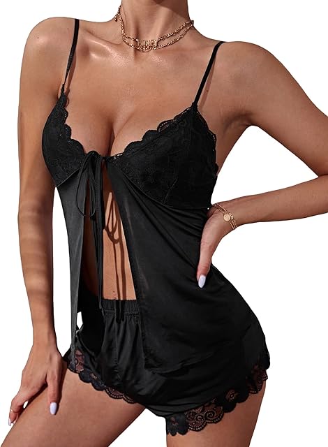 Women's Lace Trim Tie Front Scallop Cami Top and Shorts 2 Piece Pajama Set