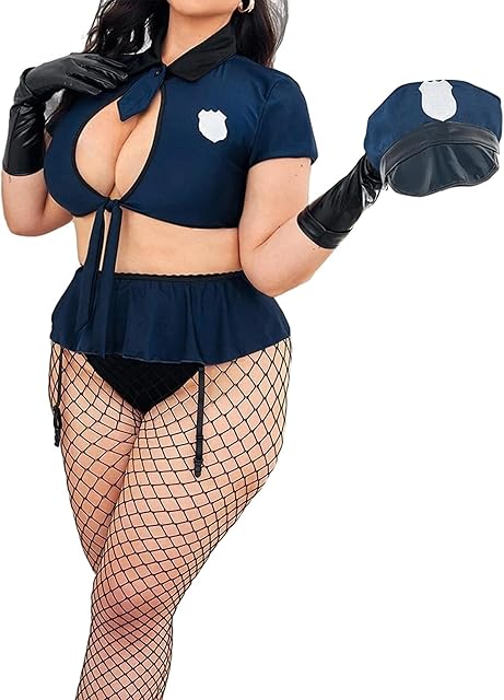 Womens Plus Size Cop Costume Set Police Officer Uniform Lingerie Cosplay Outfits