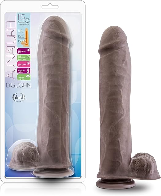 Blush Au Naturel Big John 11.5" Ultra-Realistic Dildo w/Balls - 2.5" Thick Dual Density Sensa Feel FlexiShaft Cock - Suction Cup, Harness Compatible - Adult Sex Toy for Women, Men & Couples - (Brown)