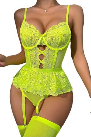 Women Sexy Garter Lingerie Set with Belt and Stocking Lace Underwire Bodysuit Teddy Snap Crotch Design