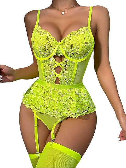 Women Sexy Garter Lingerie Set with Belt and Stocking Lace Underwire Bodysuit Teddy Snap Crotch Design