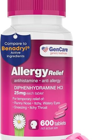 GenCare - Allergy Relief Medicine | Antihistamine Diphenhydramine 25mg (600 Tablets Per Bottle) Value Pack | Relieve for Itchy Eyes, Sneezing, Runny Nose | Seasonal or Indoor & Outdoor Allergies