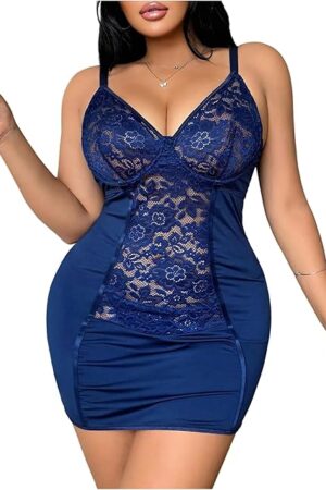 Women's Plus Size Lace Lingerie Set V Neck Underwire Cut Out Nightgown Babydoll Chemise Nightwear with Thong