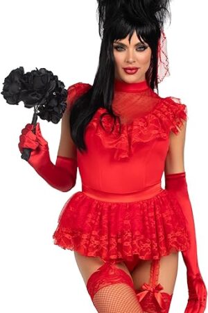 Womens 3 Pc Beetle Babe, Includes Lace Ruffle Garter Bodysuit, Pin-on Bustle Bow, and Veil