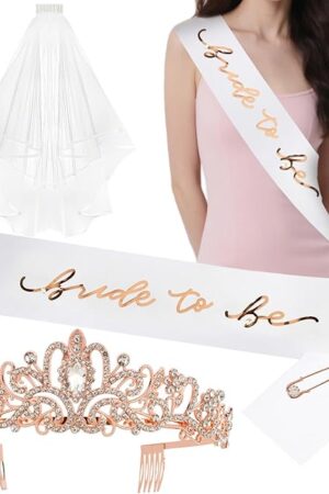 Bride to Be Sash + Bride Veil + Rose Gold Crown Set Bachelorette Party Decorations Favors Bridal Shower Gifts