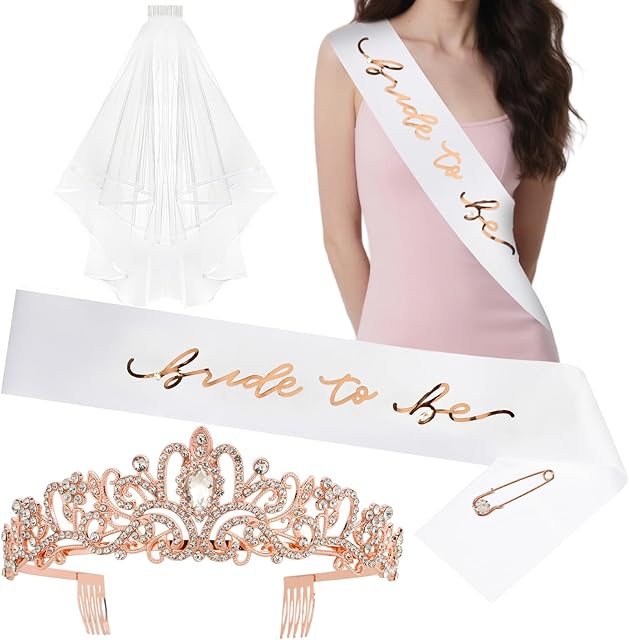 Bride to Be Sash + Bride Veil + Rose Gold Crown Set Bachelorette Party Decorations Favors Bridal Shower Gifts