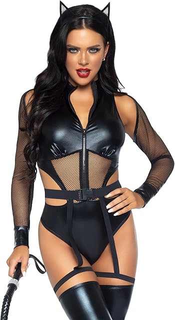 Women's 3 Pc Criminal Kitty Costume with Bodysuit, Belt, Headband