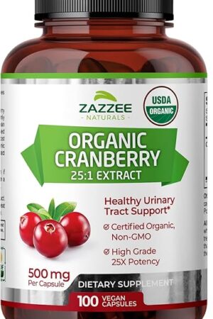 Zazzee USDA Organic Cranberry 25:1 Extract, 12,500 mg Strength, 100 Vegan Capsules, Over 3 Month Supply, Standardized, Concentrated 25X Extract, 100% Vegetarian, Certified Organic, Non-GMO All-Natural