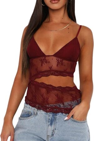Women Y2K Sleeveless See Through Mesh Lace Crop Tank Bustier Slim Backless Tops Going Out Spaghetti Strap Cami