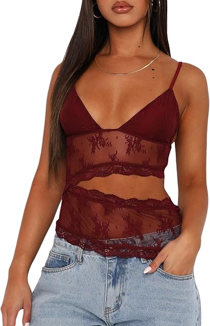 Women Y2K Sleeveless See Through Mesh Lace Crop Tank Bustier Slim Backless Tops Going Out Spaghetti Strap Cami