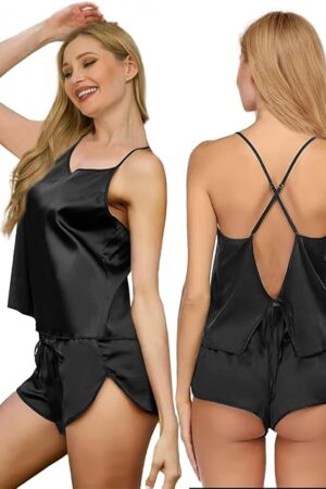 Womens Silk Pajamas Sets S-XXL 2Pcs Sexy Satin Pjs Lingerie Cami Shorts Set Camisole Sleepwear Nightwear